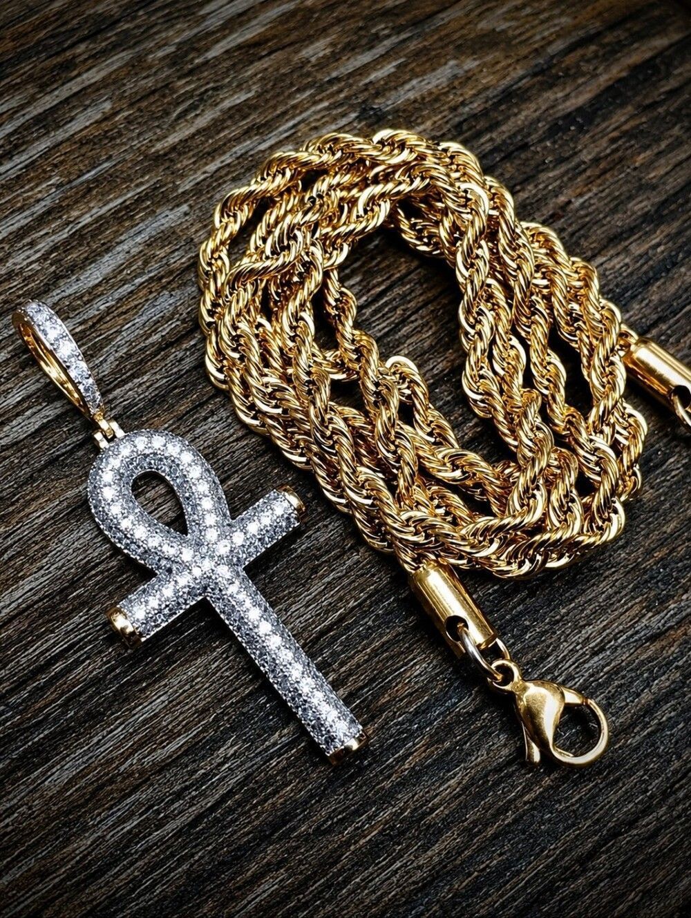14k GP Iced Lab Diamond Ankh Necklace